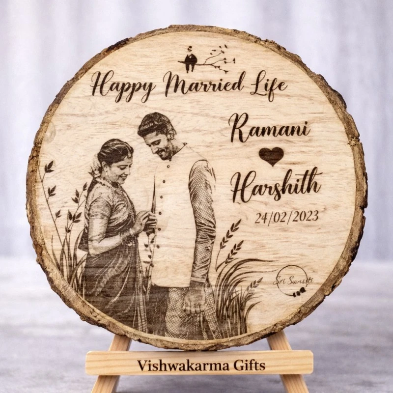 Natural Wooden Engraved Plaque with bark for Wedding Anniversary - Personalised Wooden Gift