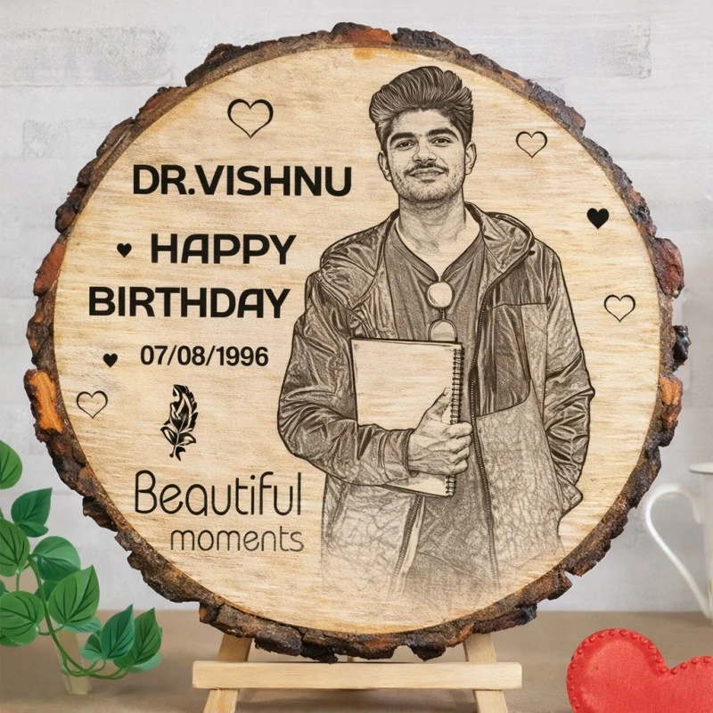 Customized Engraved Natural Wooden Frame On Mango Wood  - Round Shape - Personalised Wooden Gift