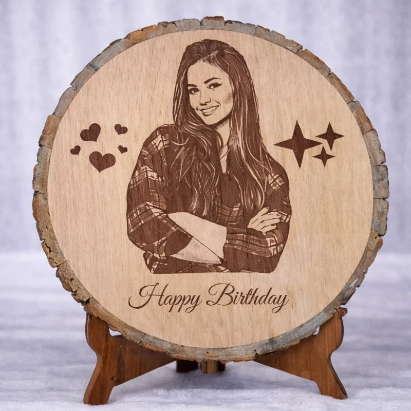 Customizable Engraved on Wood Photo Frame – Round Shape | Romantic Gift for Girlfriend - Personalised Wooden Gift