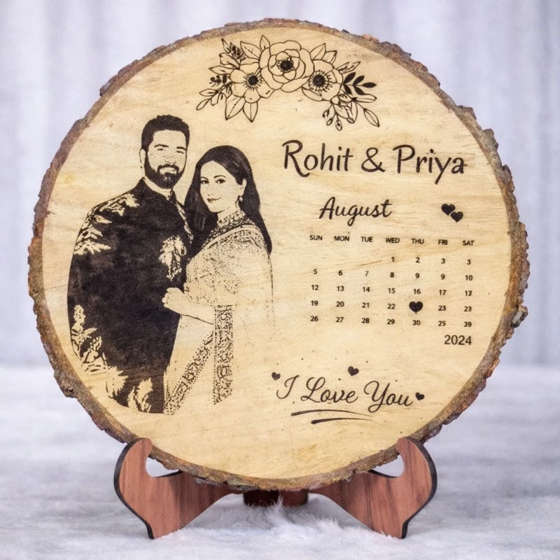 Customized Round Wooden Photo Frame with Calendar – Personalized Anniversary Gift - Personalised Wooden Gift